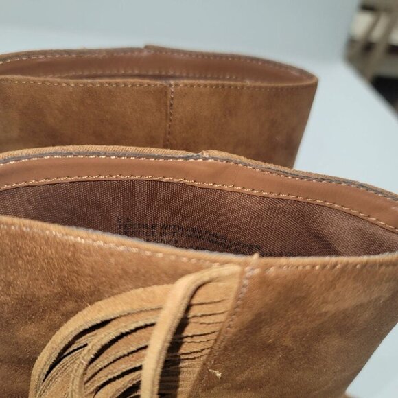 Women 8.5 Fringe Brown Peep Toe Block Heel‎ AnkleBoots Festival Boho Cowgirl Y2K - Picture 8 of 10